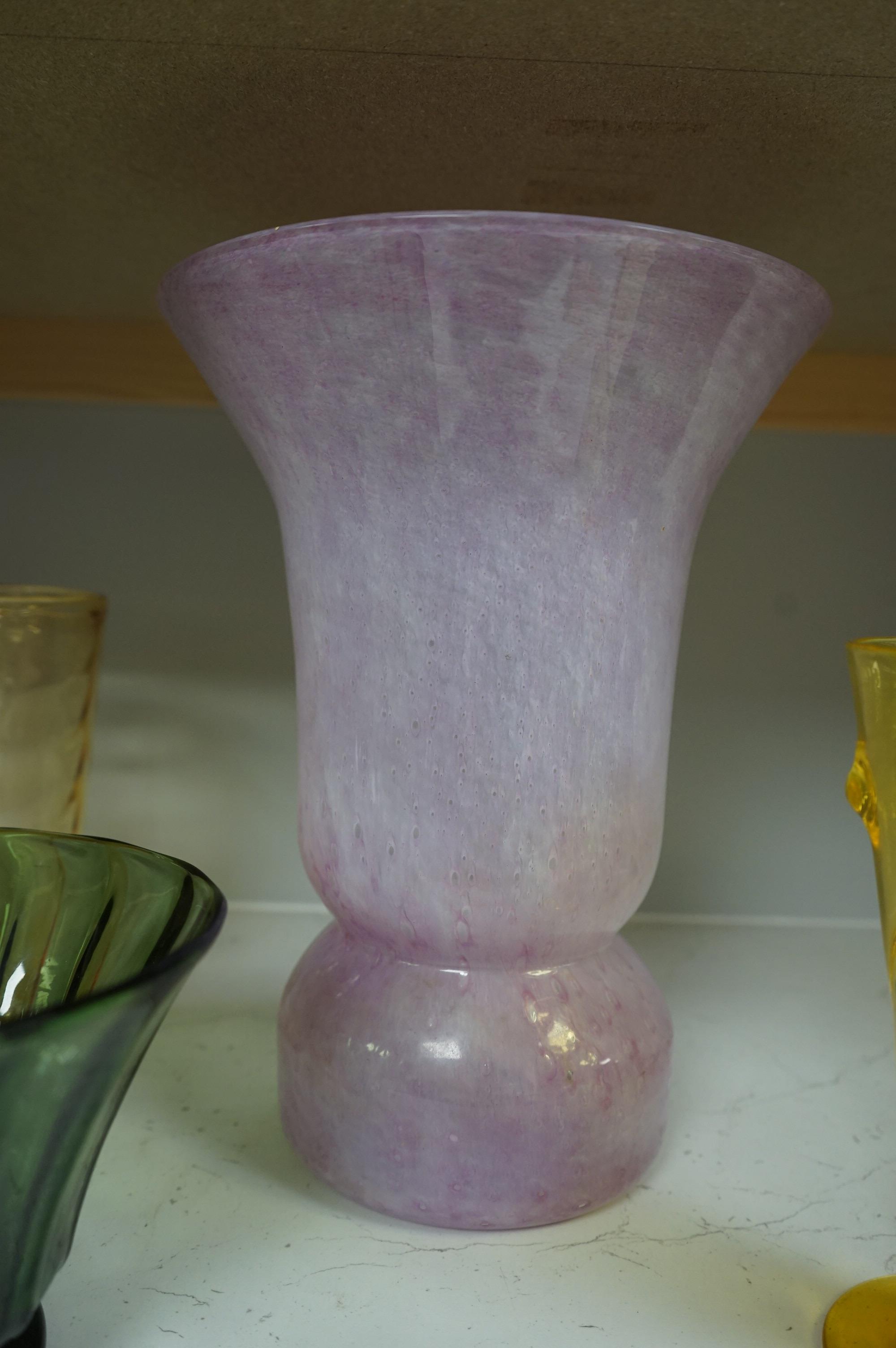 Three art glass vases a 1930’s pink wool and a later green glass bowl. Tallest vase 30cm high. Condition - good